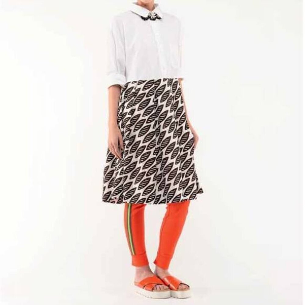 Erika Cavallini White Oxford Ankara Leaves Pattern Belted Shirtdress